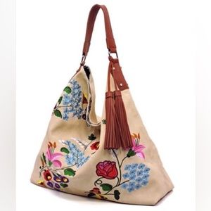 FLORAL EMBROIDERED HOBO BAG REVERSIBLE Fabric Tan Large Shoulder Bag Tassel BOHO